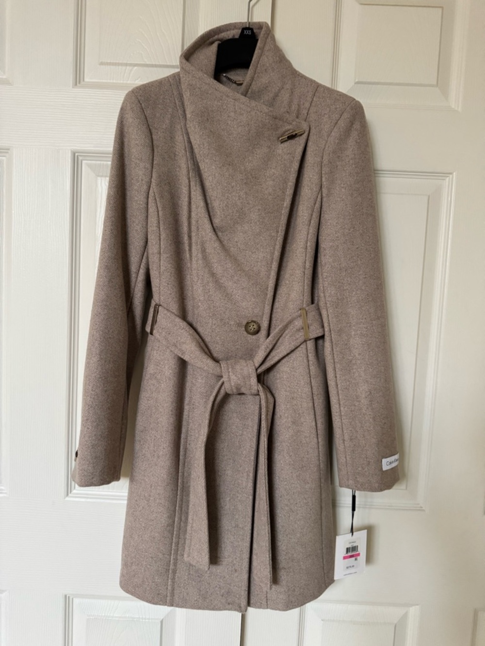 Calvin Klein Taupe Belted Wool-Blend Wrap Coat